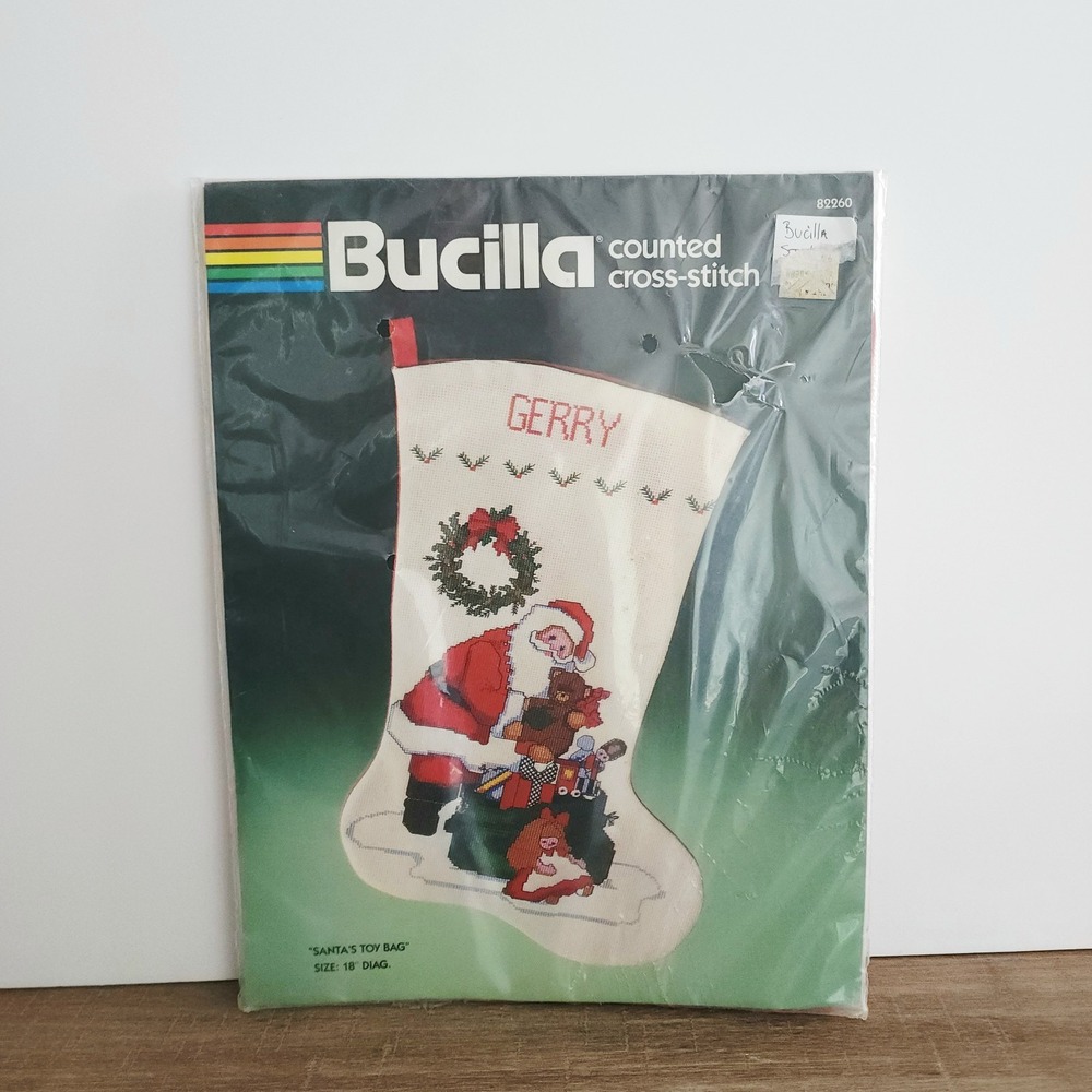 Vintage Bucilla Counted Cross Stitch Stocking ~ SANTAS TOY BAG~ Kit #82260